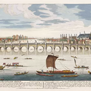 "A South View of Westminster Bridge". After a print dated 1751. Hand coloured. Westminster Abbey behind the bridge on the right
