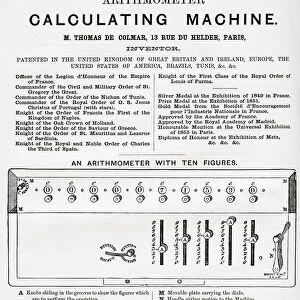 Advertisement for the Arithmometer, calculating machine. From A Concise History of The International Exhibition of 1862, published 1862