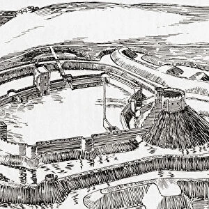 Aerial view of Berkhamsted Castle, Hertfordshire, England, partial reconstruction. From Everday Life in Anglo-Saxon, Viking and Norman Times, published 1926