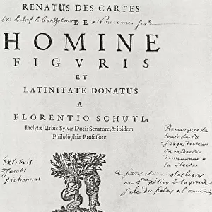 Annotated title page of the first edition of Descartes De homine, 1662, which contains the passages on reflex action, reciprocal innervation and the pineal gland as the seat of the soul. Rene Descartes, 1596 - 1650. French philosopher, mathematician, and scientist. From Selected Readings in the History of Physiology, published 1930