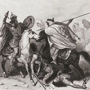 The Battle of Guadalete, 711 AD. The Muslim Umayyad Caliphate, defeated the Christian Visigoths. From Las Glorias Nacionales, published in Madrid and Barcelona, 1852. The picture shows King Roderic fighting a Muslim soldier