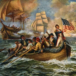 Battle of Lake Erie during the War of 1812, after a work by E. Percy Moran. The picture shows the American Oliver Hazard Perry transferring from his damaged flagship Lawrence to another ship, the Niagara, United States of America; Artwork