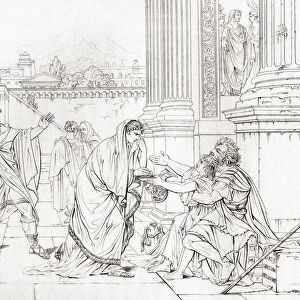 Belisarius Begging For Alms, After The Painting By Jacques-Louis David. According To Popular Legend Belisarius Reduced To The State Of Blind, Homeless Beggar By The Emperor Justinian. Flavius Belisarius, C. Ad 500