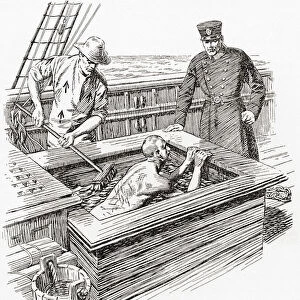 The Brine Bath on board a prison hulk in the early 19th century. The brine bath aka coffin bath was where the prisoners were put after being flogged, their backs were scubbed with salt water causing dreadful suffering. From The Martyrs of Tolpuddle, published 1934
