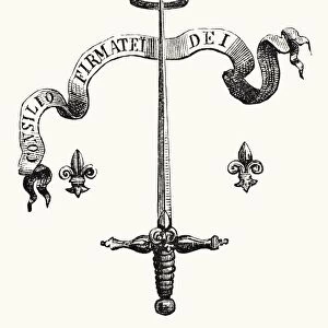 Coat Of Arms Of The Family Of Joan Of Arc, Alias Du Lye. The Blade Of A Silver Sword, The Point Supporting A Golden Crown, And Flanked With Two Fleurs-De-Lis, With The Motto Consilio Firmatei Dei. This Coat Of Arms Was Composed By Charles Vii In 1429. From Science And Literature In The Middle Ages By Paul Lacroix Published London 1878