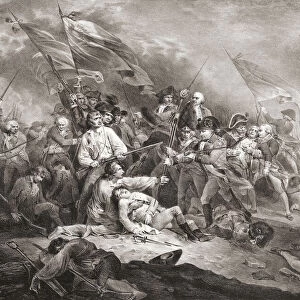 The Death of General Warren at the Battle of Bunker Hill. 19th century engraving after an 18th century painting by John Trumbull
