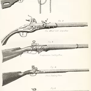 Early Types Of Firearms. 1. The Matchlock 2. The Wheel Lock Arquebus 3. Snaphaunce Fowling Piece 4. Flint Fowling Piece 5. Percussion Fowling Piece. From The National Encyclopaedia, Published C. 1890