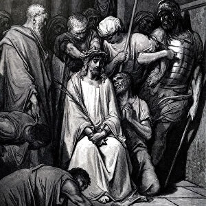 Engraving depicting Jesus Christ being mocked as the crown of thorns is placed upon his head