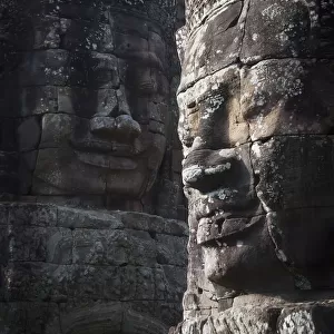 Face sculptures on stone walls at angkor wat; Cambodia