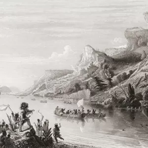 French explorer Jacques Cartier, 1491 - 1557, and his expedition on the Saint Lawrence River greeted by the citizens of the Iroquoian capital of Stadacona. After a 19th century engraving