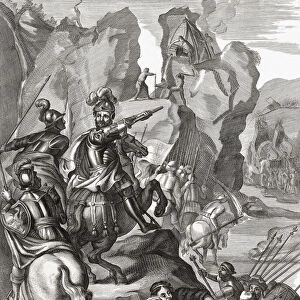Hannibal and his army crossing the Alps in 218 BC during the Second Punic War. The men pouring liquid from barrels (top and bottom of picture) recreate a part of Livys account of the march in which Hannibal used vinegar and fire to break through a rockfall. After a 17th century engraving by Antony van der Does