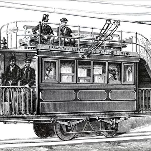 Illustration depicting a Siemens electric tram at the Paris Electricity Exhibition, 1881
