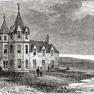 John o Groats House Hotel, John o Groats, Caithness, Scotland, seen here in the 19th century. Built in the 15th century on the site of Jan de Groots house, his seven descendants quarrelled about precedence and Jan de Groot solved this problem by building an octagonal house with eight doors, one for each of his seven sons and himself, and an eight sided table so that no one occupied the head of the table. From Picturesque Scotland Its Romantic Scenes and Historical Associations, published c. 1890
