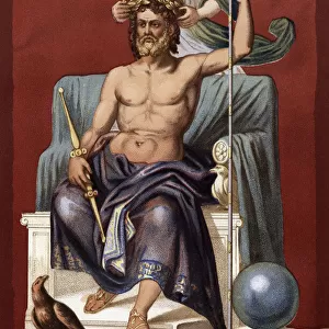 Jupiter or Jove, King of the Gods in mythology and venerated in ancient Rome. In this 19th century chromolithograph after a work by Etienne Antoine Eugene Ronjat, Victory places a wreath on his head