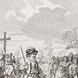 Late 18th century depiction of Christopher Columbuss first meeting with the indigenous peoples of the New World. After a work dated 1788 by Reinier Vinkeles. Christopher Columbus, 1451 - 1506. Italian explorer and navigator