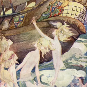The Little Mermaid, Illustration From The Golden Wonder Book Published 1934. She Saw Her Sisters Rise Out Of The Sea, Handing Her A Penknife With Which They Told Her To Kill The Prince