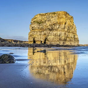 Marsden Rock, a 100 feet sea stack of periclase and Magnesian Limestone which lies approximately 100 yards off the main cliff face; South Shields, Tyne and Wear, England