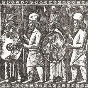 Median and Persian foot-soldiers. The Medes were a Mesoptamian people who after their tribes formed the Median Kingdom became Neo-Assyrian vassals. Through various alliances they subsequently destroyed the Neo-Assyrian Empire and they and their allies became the dominant force in Mesopotamia as the Median Empire. After an illustration by an unidentified 19th century artist; Illustration