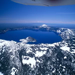 Oregon, Crater Lake, Aerial Overview, Snow Scattered, Clear Blue Sky Background A51H
