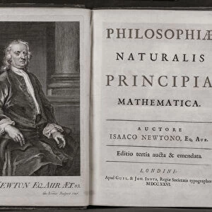 Philosophiae Naturalis Principia Mathematica, or Mathematical Principles of Natural Philosophy, commonly known as the Principia by Sir Isaac Newton. Newton published the Principia in three volumes, in Latin, in 1687. This is the title page of the amended third edition published in 1726, the year of Newtons death