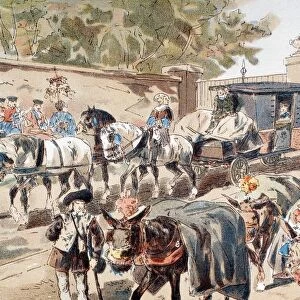 A Post-Chaise Entering A Walled Compound And Passing Between A Band And A Donkey Train. 18Th Century. After A Watercolour By A. Heins. From Cortege Historique Des Moyens De Transport. Published Brussels, 1886