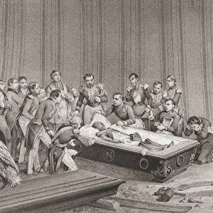The well preserved body of Napoleon revealed when his coffin was opened on Saint Helena in 1840 before his remains were returned to France. He had died 19 years earlier, on May 5, 1821. After a mid-19th century work by Victor Adam