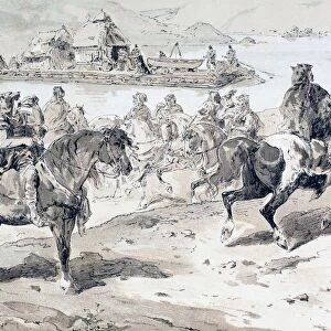 A Primitive Raft With Stern Oars. Men On Horses Blowing Conches. After A Watercolour By A. Heins. From Cortege Historique Des Moyens De Transport. Published Brussels, 1886