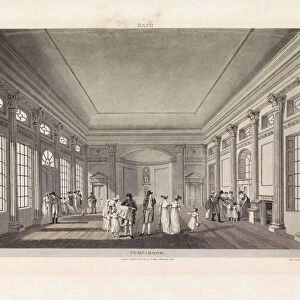 The Pump Room. After an engraving dated 1804. Later colourization. The building in the Abbey Church Yard in Bath, England still serves refreshments, as is shown in this early 19th century art work