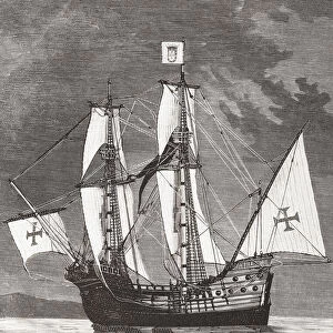 The Sao Gabriel, the flagship of Vasco da Gamas armada on his first voyage to India in 1497-1499. From La Ilustracion Artistica, published 1887