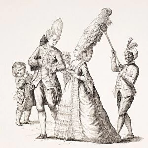 A Satire On Womens Extreme Hairdos In 18Th Century Paris. A Servant Walks Behind Holding The Hair In Place With A Forked Stick. From Xviii Siecle Institutions, Usages Et Costumes, Published Paris 1875