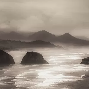 Scenic view of Cannon Beach with the famous rock formations and the Pacific Ocean, Oregon, USA
