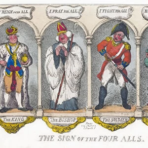 The Sign of the Four Alls. Satirical work by Thomas Rowlandson, circa 1810, commenting on the four estates of England: the crown, the clergy, the military and the common man - whose taxes support the first three