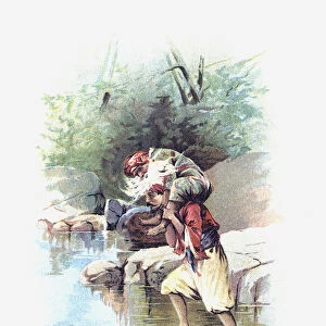 Sinbad the Sailor carrying the Old Man of the Sea on his shoulders. After an illustration by Francis Brundage in an 1898 edition of The Arabian Nights Entertainments; Illustration