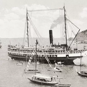 The SS Cabrillo, a wooden steamship used to transport tourists between the Los Angeles Harbor and Avalon and Two Harbors on Santa Catalina Island, California, United States of America, seen here landing at Avalon c. 1915. From Wonderful California, published 1915