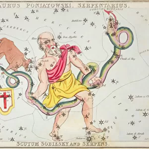 Taurus Poniatowski, Serpentarius, Scutum Sobiesky, and Serpens. Card Number 12 from Uranias Mirror, or A View of the Heavens, one of a set of 32 astronomical star chart cards engraved by Sidney Hall and published 1824