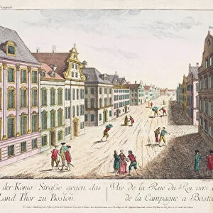 View down King Street, Boston in the 18th century. After a hand-coloured 18th century print. King Street is now known as State Street. Later colourization