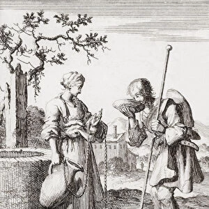 A woman gives a Christian pilgrim a drink of water. After an etching dated 1687 by Jan Luyken