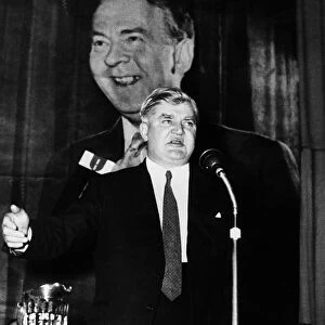 Aneurin Bevan Labour MP on stage during speech in 1957. Hugh Gaitskill