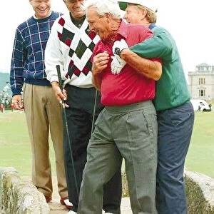 Arnold Palmer jokes with Tom Watson Jack Nicklaus Raymond Floyd bridge St Andrews