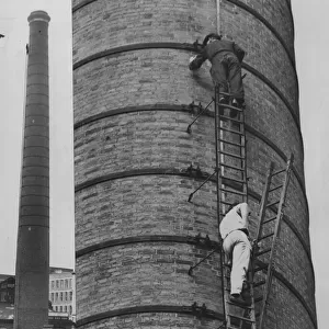 Bristol Times, steeplejacks at work on the chimney at the Fry factory in Duck Lane