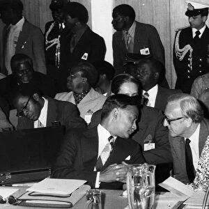 British Prime Minister Margaret Thatcher with Lord Carrington talking to Joshua Nkomo at