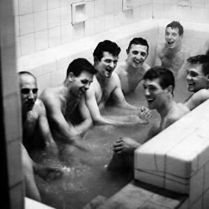 Burnley v. Liverpool. Liverpool players celebrating in the baths after winning 3-0