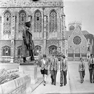 Clifton College, Bristol, in 1955. The statue the pupils are passing