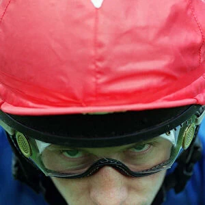 Close up of jockey John McAuley on Serious Hurry Close up on face