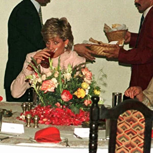 Diana, Princess of Wales at a restaurant for dinner with her friend Jemima Khan (right