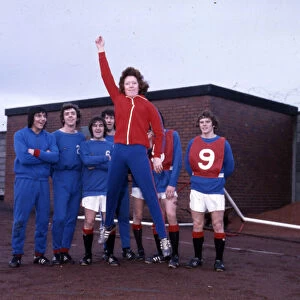 Edna Neillis sport football women 1975 jumping with Rangers players in