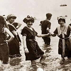 Edwardian Ladies in their bathing costumes paddling in the sea Clothing Women