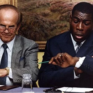 Frank Bruno Boxing Sitting at table with mickey duff after regaining his licence to box