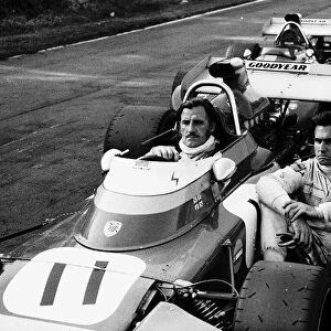 Graham Hill in racing car Brands Hatch after hearing of death of Jo Siffert