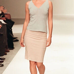 Kate Moss at Milan Fashion Week October 1997 modelling Narcisco Rodriguez blue v neck top
